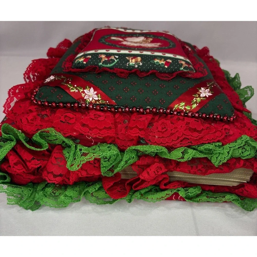 Vintage Christmas Photo Album Fabric, Lace, Beads Holiday Scrapbook
